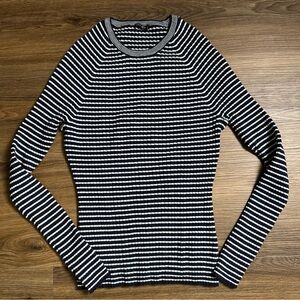 J McLaughlin Annette Sweater Ribbed Top Navy Blue White Stripe Long Sleeve Large